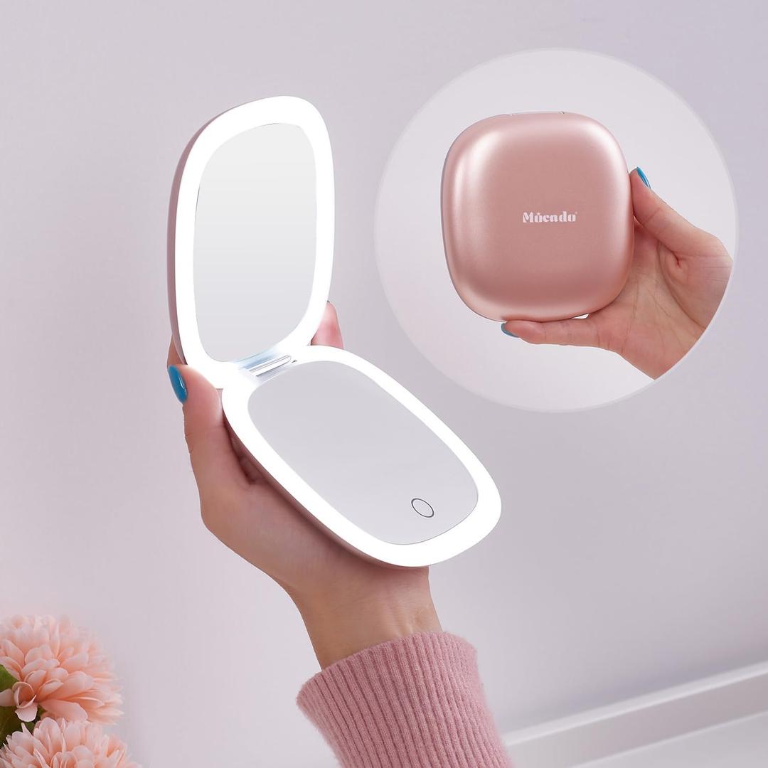 Mocado Compact LED Magnifying Travel Makeup-Mirror - 4 inches 1X/10X Magnification Small Hand Pocket Dimmable Double Sided USB Rechargeable Touch Screen, Portable Tabletop Cosmetic (Rose Gold)