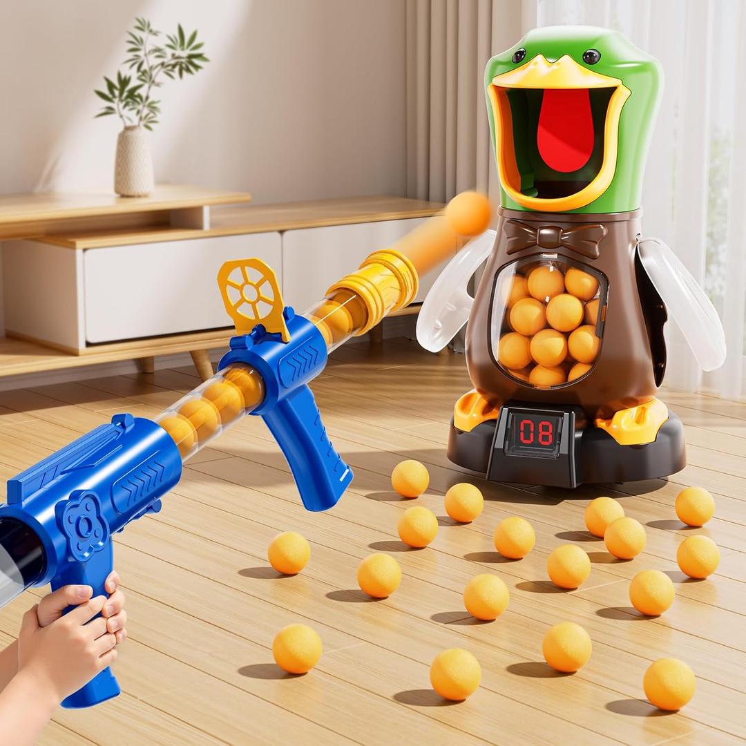 NIPLOOOW Duck Shooting Toys for Kids 3-5, Movable Target Shooting Games w/Air Pump Launcher, LCD Score Record, Sound, 24 Foam Balls, Birthday Gift for Boys Girls Ages 3 4 5 6 7 8 Years Old (1 Popper Gun)