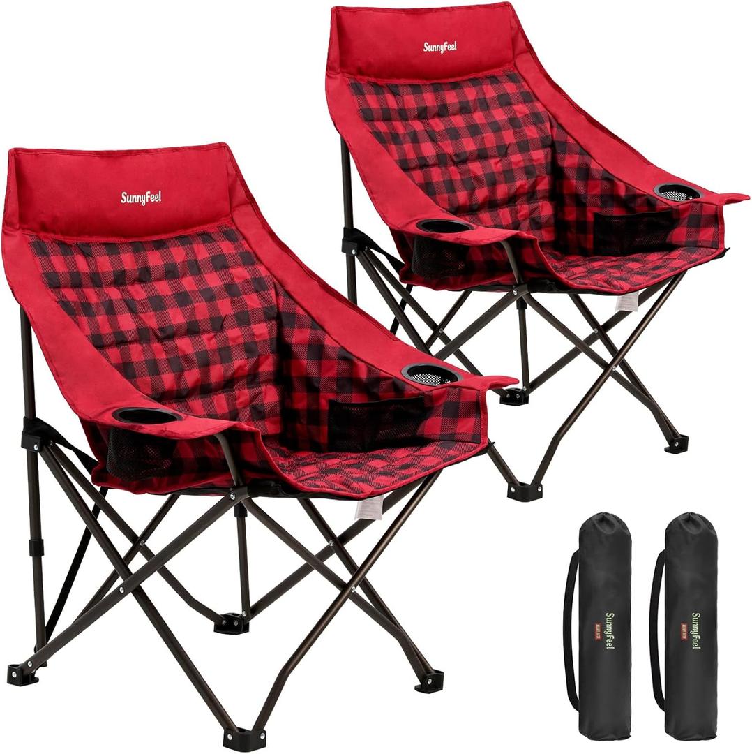 SUNNYFEEL 2 Pack Padded Oversized Camping Chairs for Adults, Heavy Duty Portable Folding Chair with Carry Bag, Side Pockets & Cup Holder, Supports 300 lbs, for Tailgating Hiking Picnic Backyard