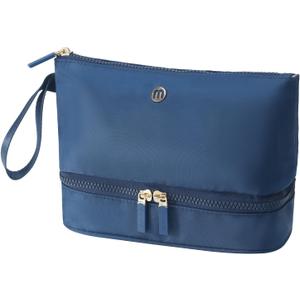 Travel Makeup Bag Double Layer Cosmetic Pouch with Brush Organizer, Large Opening Design, Essential for Business Trips(Navy blue)