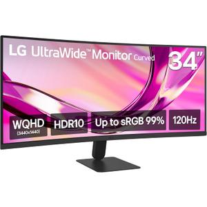 LG 34U60ZB-B 34-inch UltraWide WQHD (3440 x 1440) Curved Computer Monitor, 120Hz, HDR10, 1800R, Switch, Reader Mode, Flicker Safe, Widescreen, HDMI, DP, Black