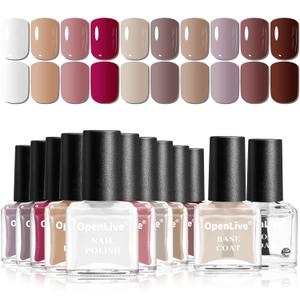 OpenLive 12 PCS Nail Polish Set 10 Color With 2PCS Base and Top Coat Quick Drying Fall Nude Brown White Red Color Holiday Gift for Her 5ML