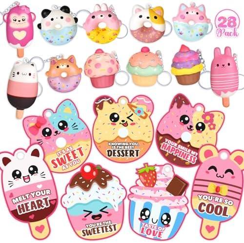 Toidgy 19 Pack Valentines Day Gifts for Kids, Valentines Cards for Kids Classroom Exchange Gift with Dessert Squishy Toys Keychains, Valentines Party Favors and Prizes for Boys Girls