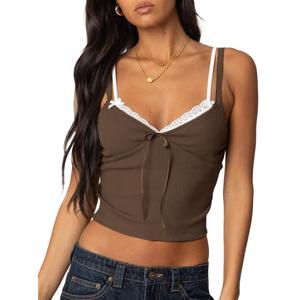 Lace Camisole Tops for Women Spaghetti Strap Cami Shirt Crop Tops Ribbed Knit Slim Fit Tanks Coffee L (L)