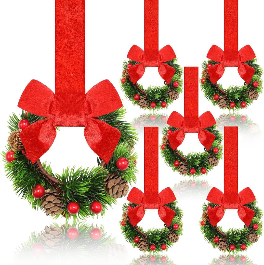 Dingion 6 Pcs 6 Inch Christmas Mini Cabinet Wreaths for Kitchen with Ribbon Bows Pinecone Berry Small Window Wreath Garland for Door Window Farmhouse Christmas Party Decorations