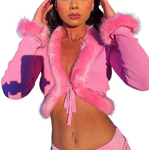 KnniMorning TEES Sexy Women Long Sleeve Tie-up Cardigan Deep V Solid Crop Tops Fur Trim Fashion Knitted Sweaters, Small