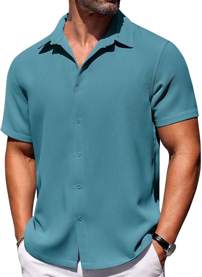 COOFANDY Mens Short Sleeve Button Down Shirts Waffle Shirt Casual Beach Summer Shirts Wrinkle Free Vacation Shirts (Small, Peacock Blue)