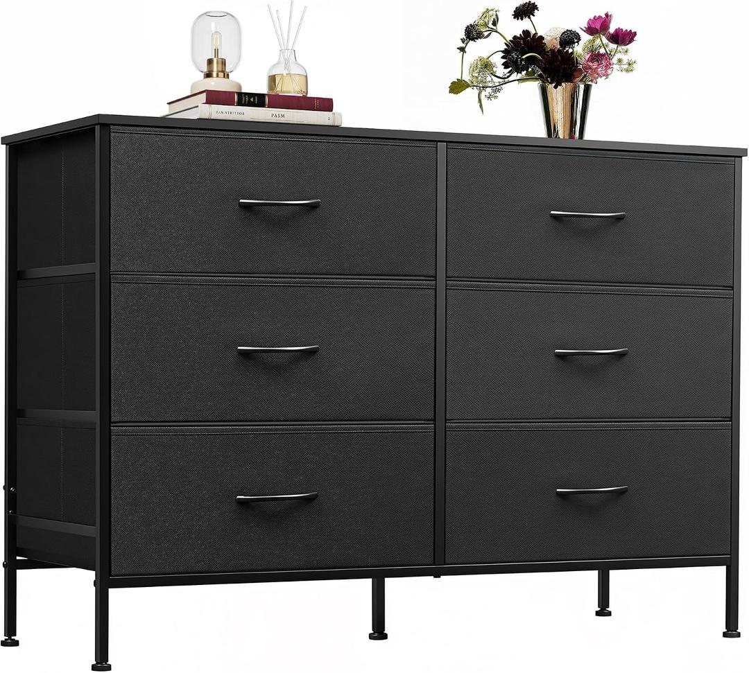 WLIVE Black Fabric Dresser for Bedroom, 6 Drawer Dressers, Chest of Drawers
Wide Storage Tower, Sturdy Steel Frame, Water-proof Wood Top, Clothes Organizer for Closet, Living Room, Hallway, Entryway