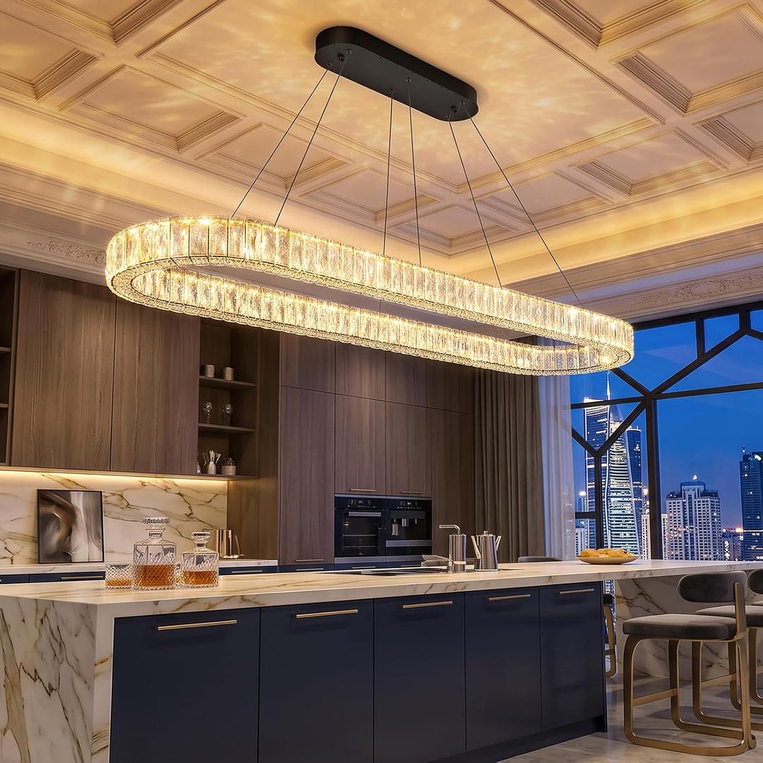 HAIXIANG Crystal 59 Inch Long Chandelier Modern Dimmable LED Chandeliers for Dining Table Pendant Lights Rectangular Glam Lighting Fixtures for Dining Room Kitchen Island Black, Oval : L59"