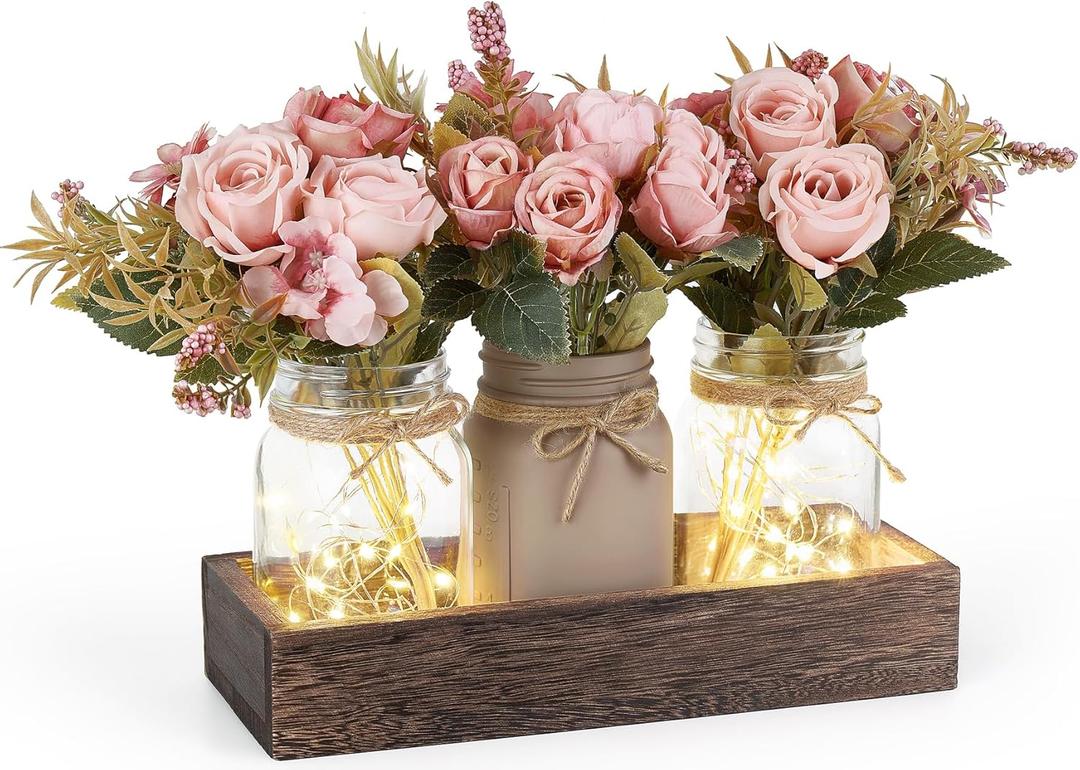 Mkono Mason Jar Lights Centerpiece Table Decorations For Dining Room Farmhouse Table Decor Tray With 3 Jars Flowers Arrangement Valentines Day Decor For Kitchen Living Room Wedding, Pink