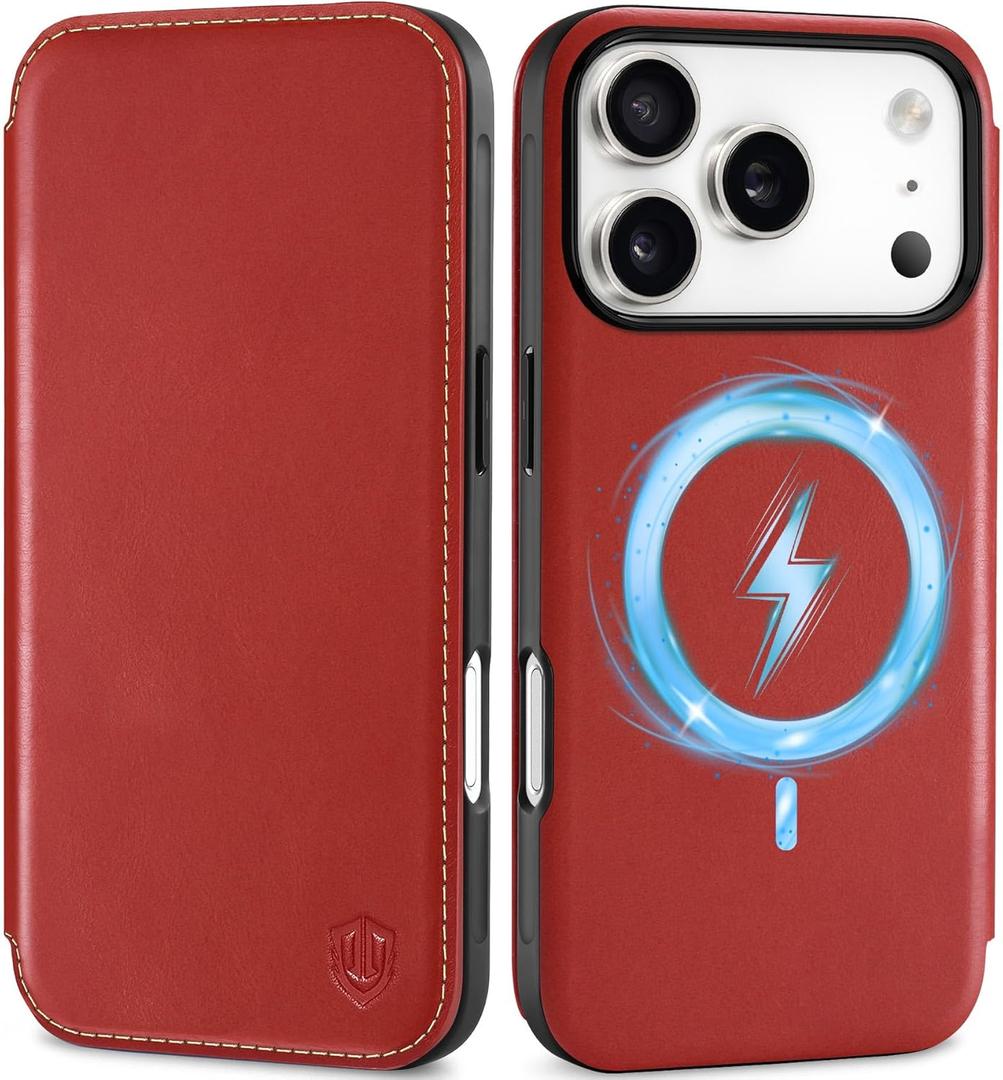 SHIELDON Slim Genuine Leather Case Wallet for iPhone 17 Pro 6.3-inch 2025 | Folio | Wireless Charging | Magnetic | RFID Blocking Credit Card Slot | Shock-Absorbent Phone Holder Cover | Retro Red