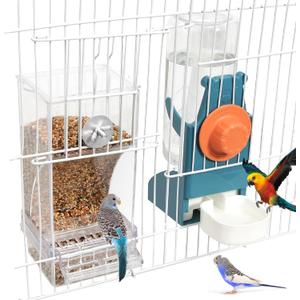 No Mess Bird Feeder Water Dispenser Set, Automatic Parrot Feeder Drinker Cage Accessories, for Parakeets, Cockatiels, Budgies, Macaws, Lovebirds, Canaries - Cage Mounted/External Hanging (Blue)