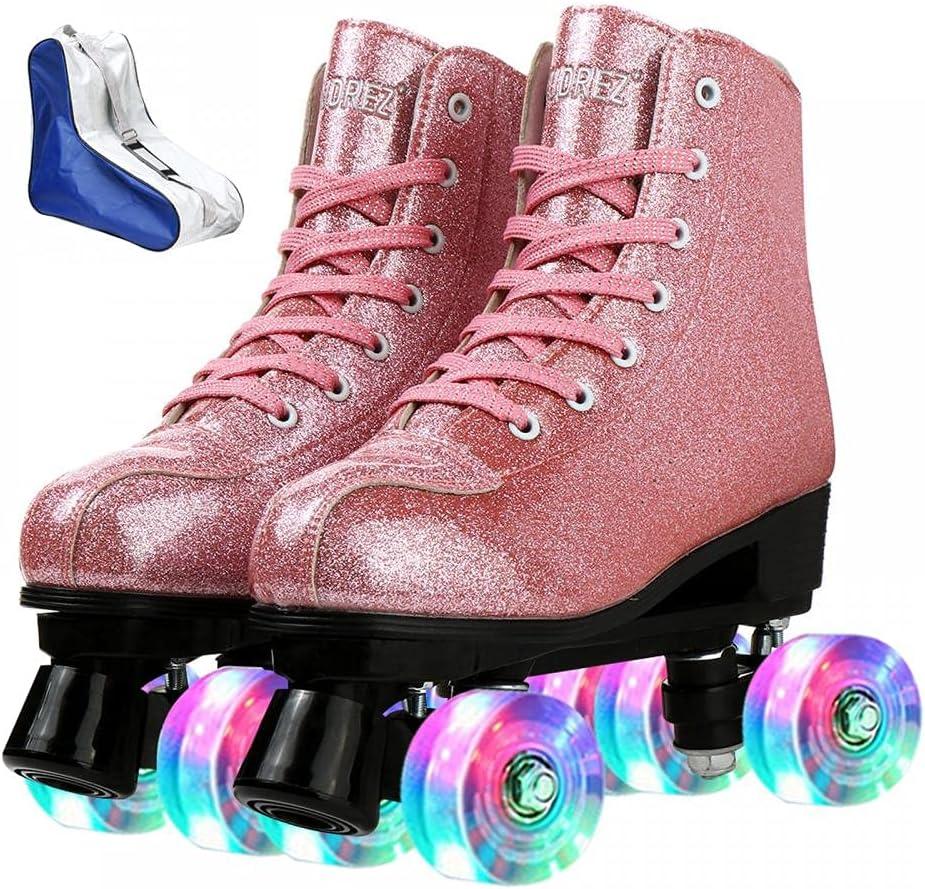 Roller Skates for Women Men Shiny PU Leather High-top Roller Skate Shoes for Beginner Classic Double-Row Roller Skates, Indoor Outdoor Roller Skates (Crystal Pink Flash Wheels, 38)