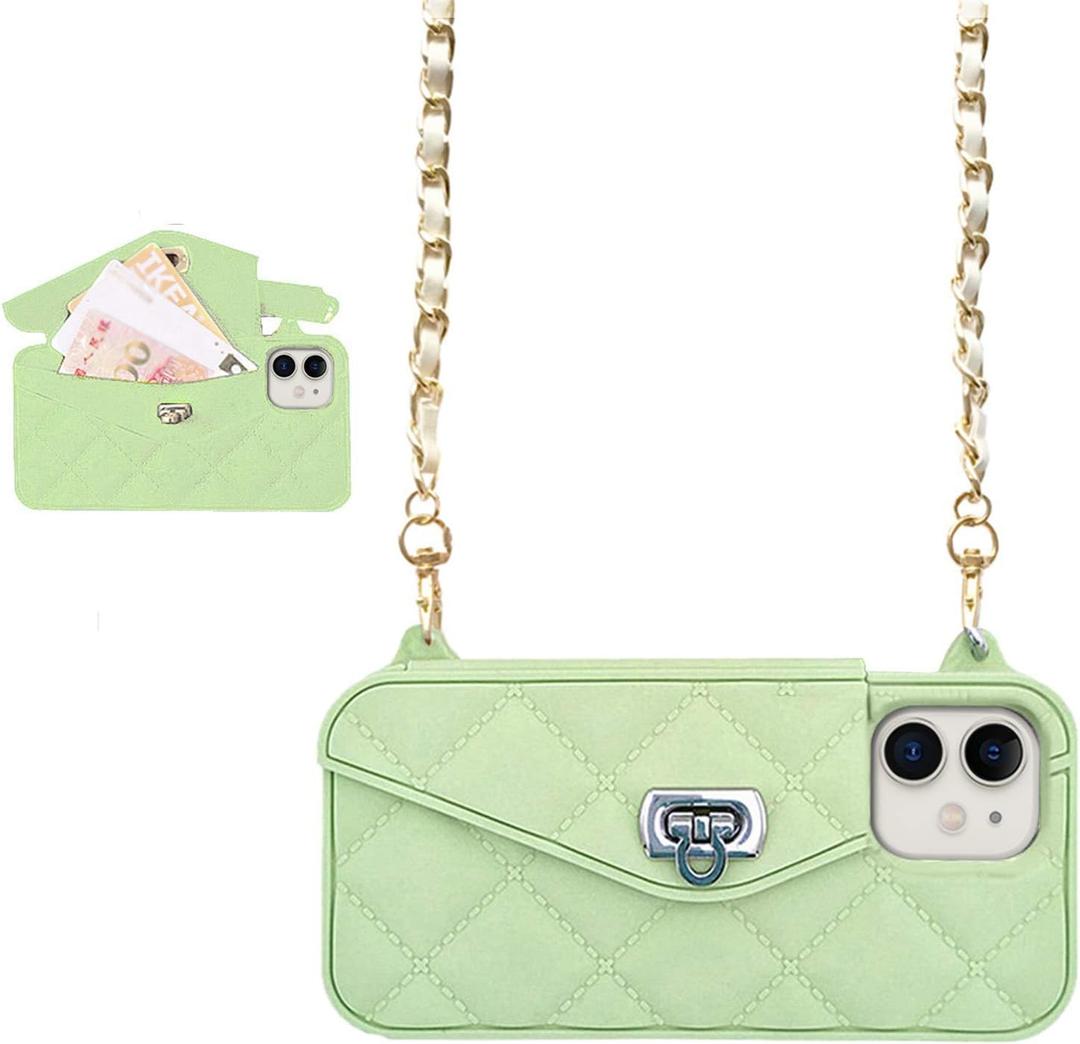 UnnFiko Wallet Case Compatible with iPhone 15 Pro, Cute Light Luxury Bag Design, Purse Flip Card Pouch Cover Soft Silicone Case with Handstrap Long Shoulder Strap (Green, iPhone 15 Pro)