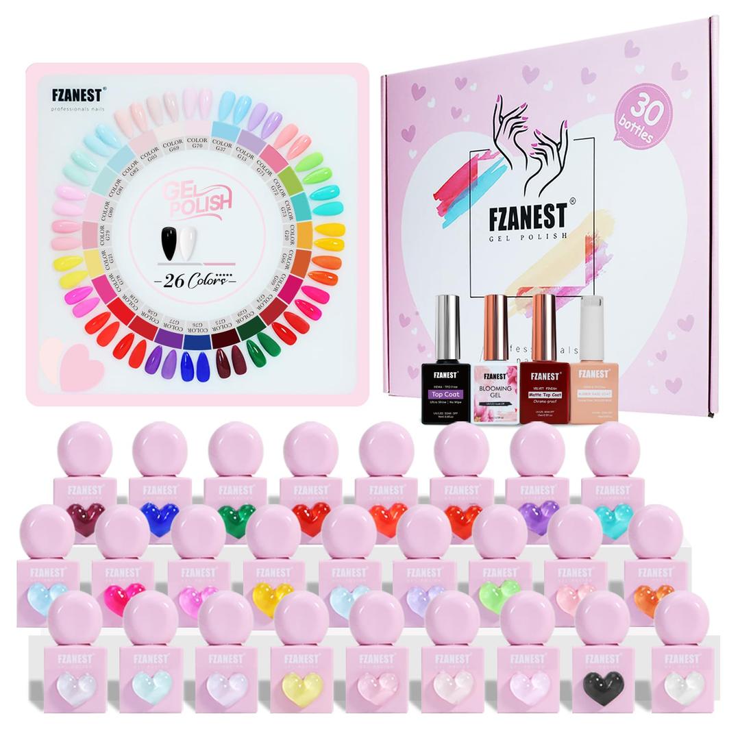 FZANEST 30pcs Gel Nail Polish Set, HEAM-free TPO-free Professional 10ml 26 Bright Spring Summer Candy Colors DIY Gel Nail Kit with Base Top Coat, Matte Top & Blooming  Unique Pink Heart Shaped Bottle (0.36 Fl Oz (Pack of 30))