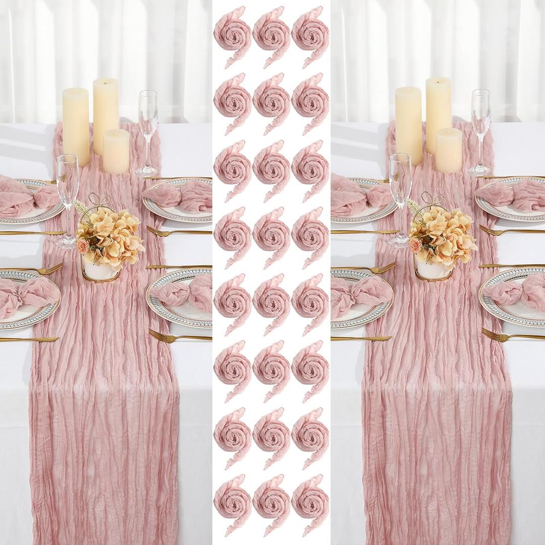 2 Cheesecloth Table Runners and 24 Napkins Set, 10Ft Boho Cheese Cloth Table Runners 20 x 20 Inch Rustic Wrinkled Gauze Napkins for Wedding Birthday Baby Shower Party Decor (Dusty Pink)
