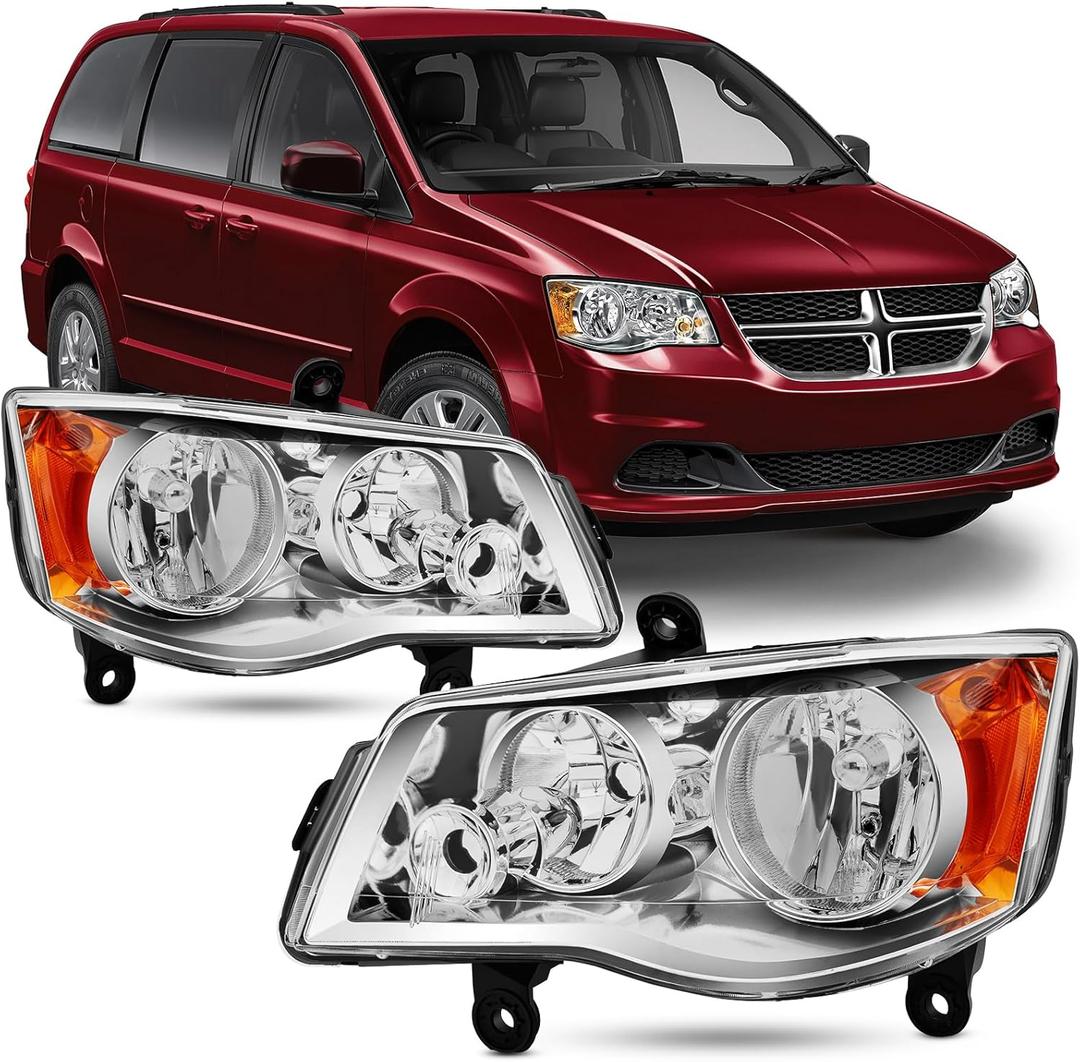 Headlight Assembly Compatible with 2011-2020 Dodge Grand Caravan / 2008-2016 Chrysler Town & Country Headlamp Chrome with Amber Reflector Factory Style Replacement Pair