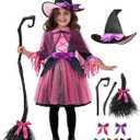 Spooktacular Creations Child Girl Orange Purple Witch Costume, Toddler Witch Outfit Set for Kids Halloween Dress Up Parties (Medium(8-10 yrs), Pink)