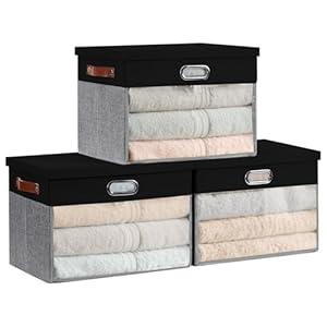 Roobyl Fabric Clear Window Storage Bins with Lid, Closet Storage Box Linen Closet Baskets with 3 Handles for Organizing Clothing, Jeans, Shelves 17''- 3 Pack (Gray and Black)