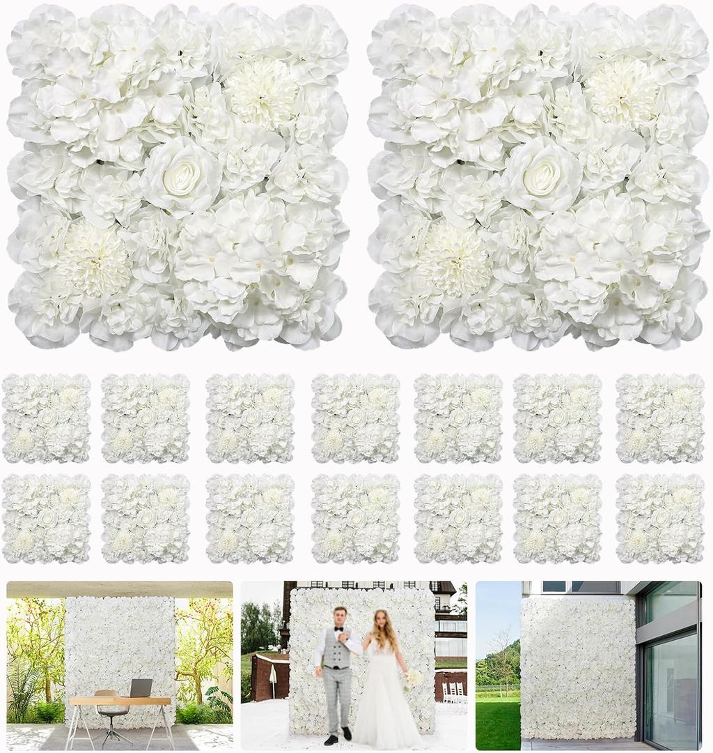 Artificial Flower Wall Backdrop 16pcs 16.5x16.5 Inch Silk Rose Floral Wall Panel Ideal for Wedding Celebrations, Festive Party Backdrops, and Elegant Home Decor-White