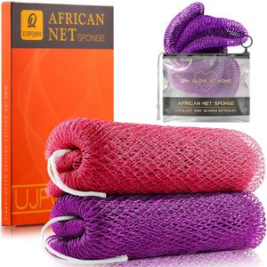 UJFQBH African Net Sponge Authentic 2-Pieces Exfoliating Body Scrubber for Shower & Bath, Deep Cleansing Lather for Dead Skin Removal, Back Scrubber for Women & Men (Pink Purple