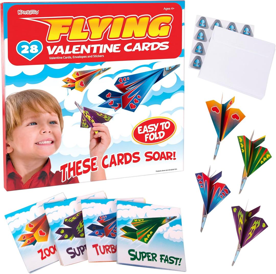 Kangaroo 28 Pack Flying Paper Airplanes Valentines Day Cards for Boy & Girl with Envelopes & Stickers - Valentines Day Cards for Kids School - Valentine Bulk Party Favors Classroom Gift