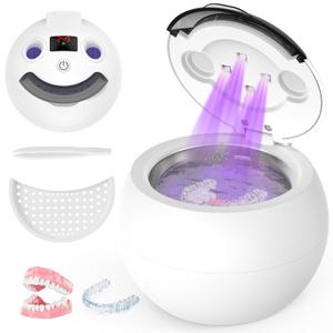 Dental Ultrasonic Retainer Cleaner - 48kHz Dental Cleaning Pod for Denture, Braces, Mouth Guard, Toothbrush Heads, Jewelry, 4 Modes Retainer Cleaner Machine with Digital Timer & 200ML (Ivory white)