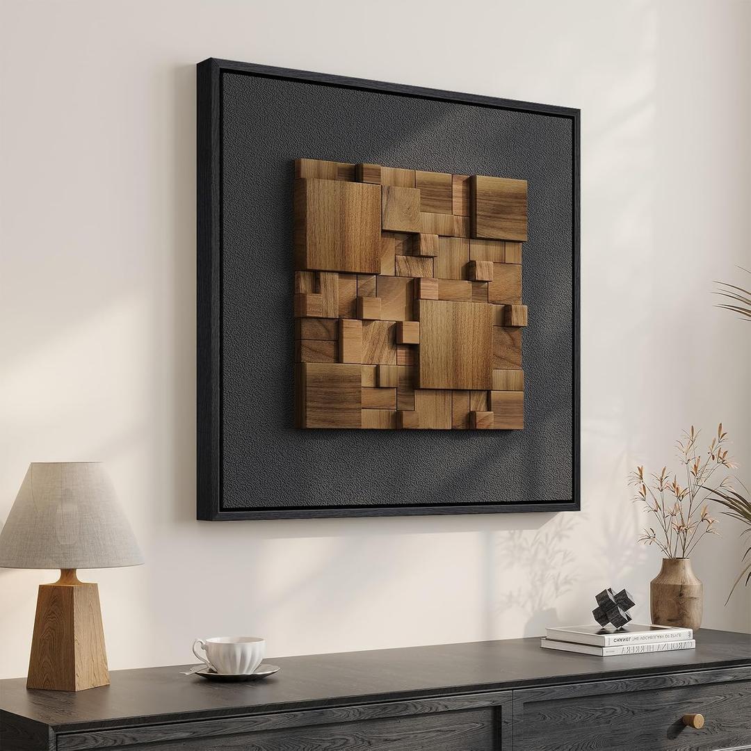 Framed 3D Textured Wood Abstract Wall Art Decor for Living Room, Modern Square Geometric Wooden Artwork for Walls, Minimalist Black Sandstone Wall Decor for Hallway, Kitchen, Bedroom, Office, 20x20