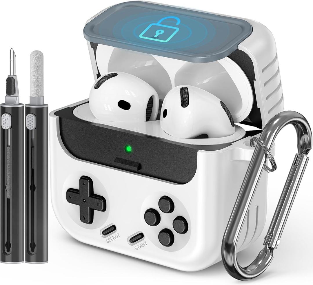 Inesore for Airpods 4 Case with Lock,Compatible with Airpods 4 with Active Noise Cancellation Cases,Classic Cool Funny Game Console Air pods4 Case Cover for Men Boy with Cleaner Kit(White)