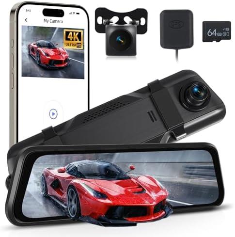 NHOPEEW 4K Dual Lens Rear View Mirror Camera - 9.66 Inch Touchscreen Mirror Dash Cam Front and Rear - APP Control/GPS/Loop Recording/G-Sensor/ADAS/BSD/Parking Monitoring + Backup Camera