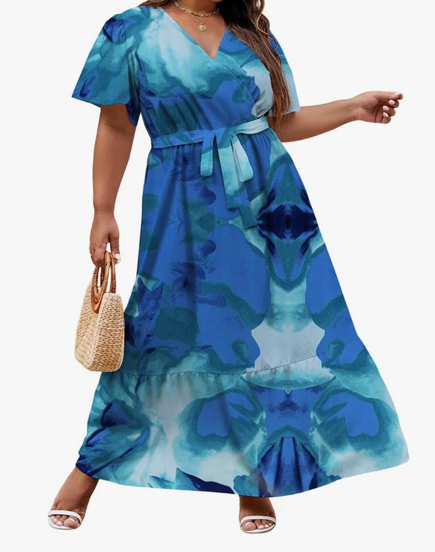 Womens Plus Size Summer Dresses Short Sleeve Wrap V Neck Floral Formal Maxi Wedding Guest Long Dress with Belt 3XL