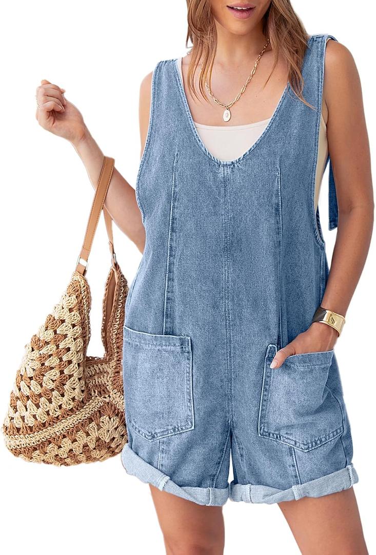 Glamaker Womens Summer Denim Romper Overall Shorts Casual Sleeveless V Neck Jean Romper Denim Outfit Short Jumpsuits 2025 (Medium)