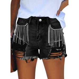 JMITHA Black Rhinestone Shorts Mid Rise Ripped Frayed Hem Cute Jeans Shorts (10, Black)