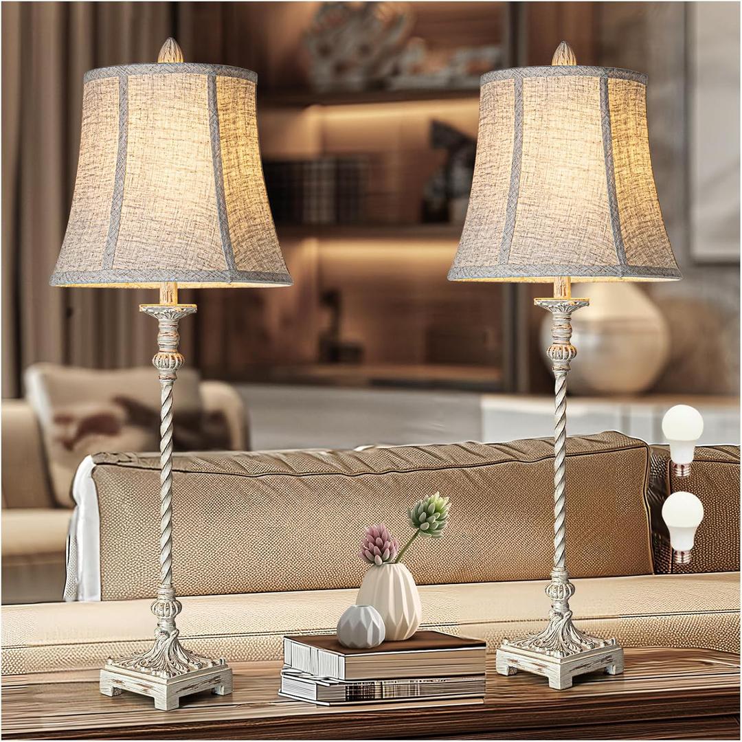 LuxSight European Country Vintage Style Candle Stick Buffet Table Lamps Set of 2, 33'' Tall Ivory White Linen Fabric Soft Bell Shade Stepless Dimming for Living Room Bedroom Dinning House Study Room (Cream)