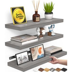 BAYKA Grey Floating Shelves for Wall, Wall Mounted Rustic Wood Shelves for Bathroom, Bedroom, Living Room, Kitchen, Small Hanging Shelf for Books/ Storage/ Room Decor (Set of 3, 15.7in)