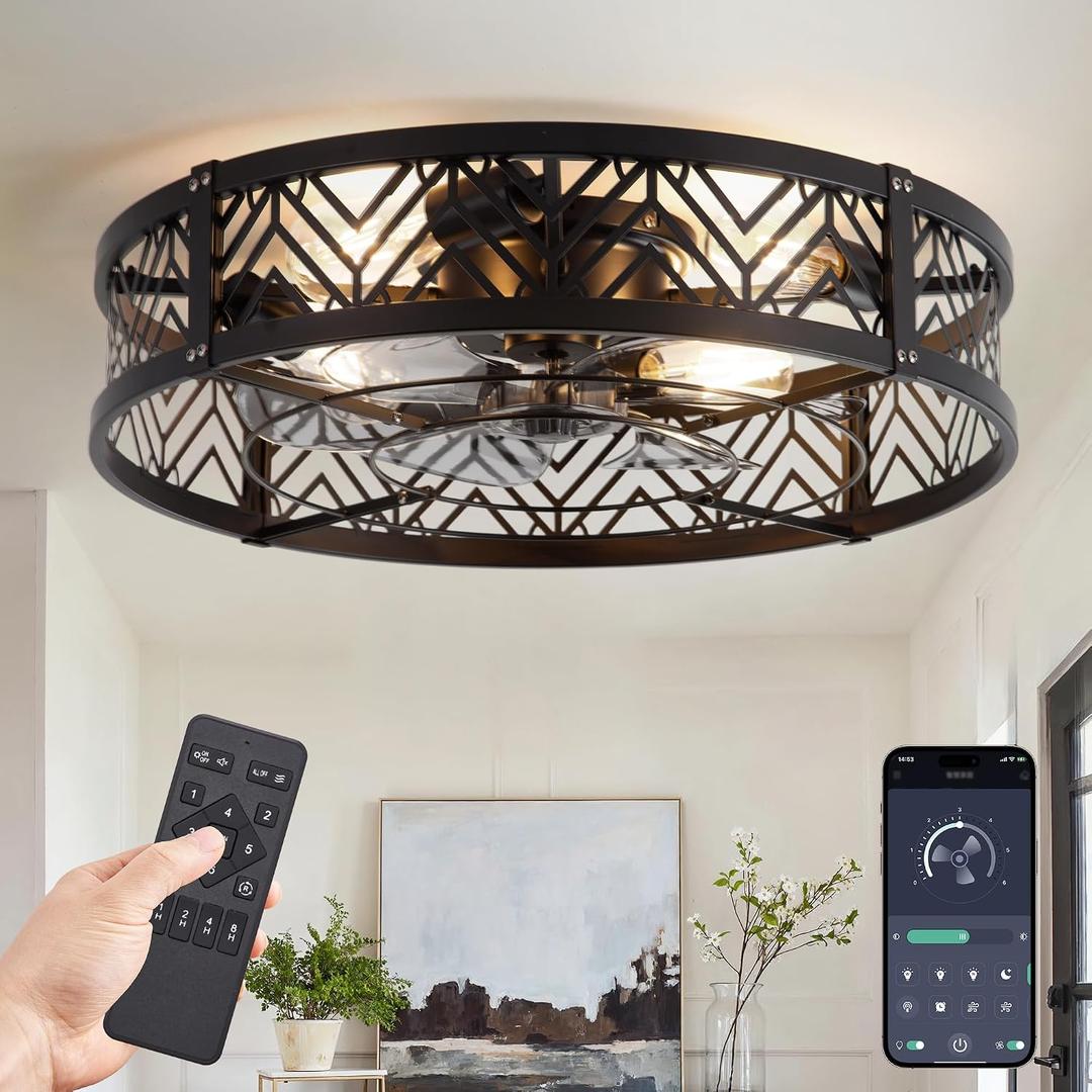 LEDIARY 23" Caged Ceiling Fan with Light and Remote, Large Fandalier, Black