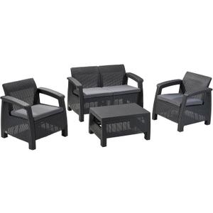 Keter Corfu 4 Piece Set All Weather Outdoor Patio Garden Furniture with Cushions, Charcoal