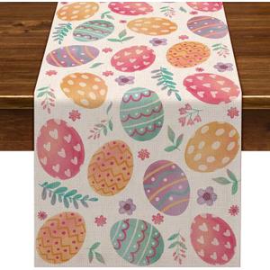 Nepnuser Linen Happy Easter Table Runner 90 inches Long Spring Easter Egg Decoration Farmhouse Home Dining Room Kitchen Table Decor