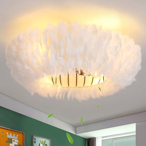 XUDOM 20" Modern Ceiling Fans with Lights and Remote Control，White Feather Chandeliers Stylish Low Profile Ceiling Fan for Bedroom, Living Room and Small Spaces,Featuring Reversible Motor, 6 Speeds