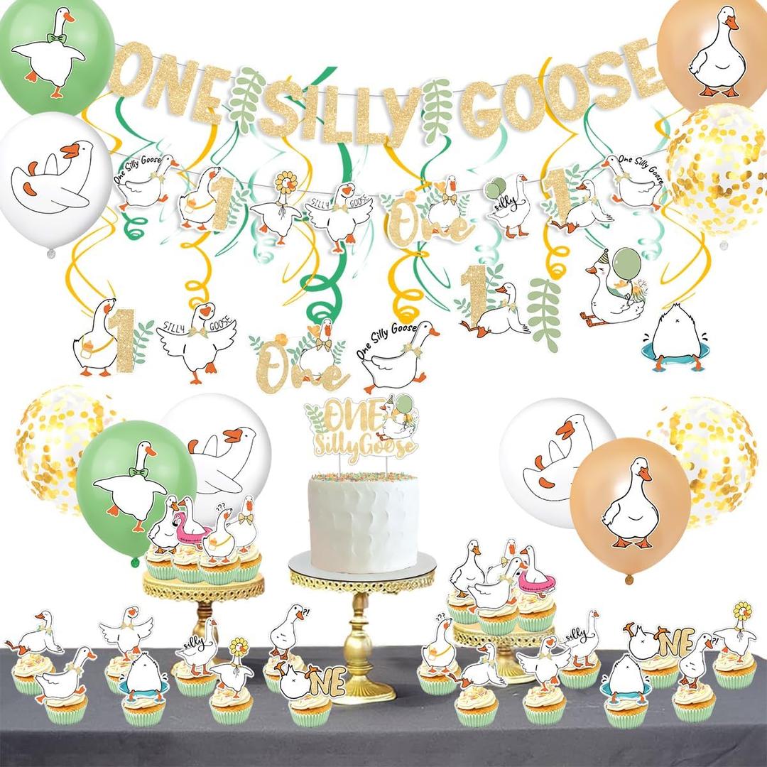 One Silly Goose Birthday Decor for Girls Boy First Birthday Party Decorations with Balloon Garland,Silly Goose Theme Ballon Banner, Cake Topper