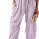 TARSE Womens Linen Wide Leg Striped Pants Casual Barrel Loose Drawstring Low Waist Palazzo Harem Pants with Pockets(Light Purple White Plaid, XS)