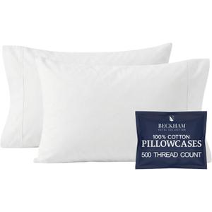 Beckham Hotel Collection 100% Cotton Pillow Cases Standard/Queen Size Set of 2, 500TC, Luxury Sateen Pillowcases, Open End, Breathable, Moisture-Wicking, White
