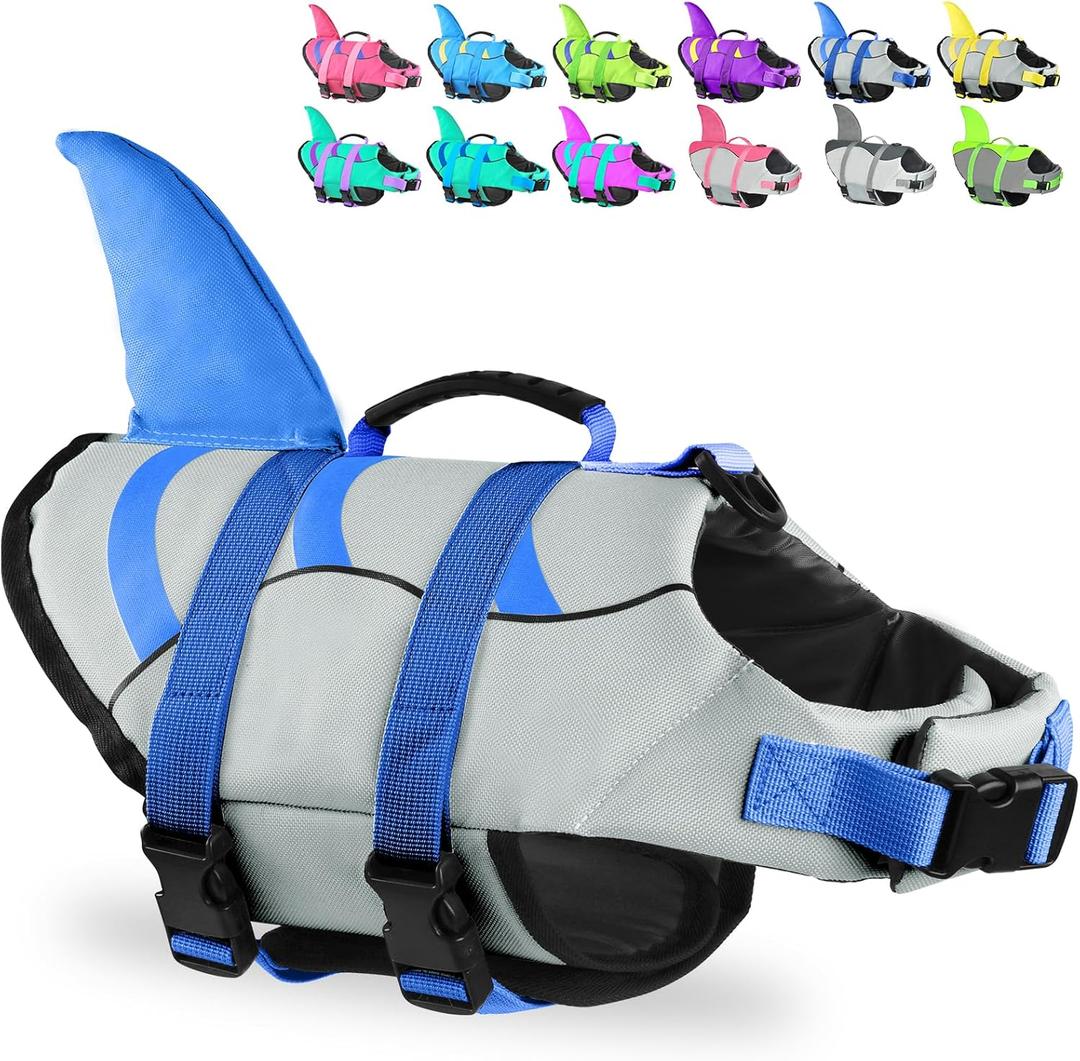 Fragralley Dog Life Jacket Shark, Dog Life Vest Adjustable Ripstop, Dog Swimming Safety Vest with Superior Buoyancy & Rescue Handle for Small Medium Large Dogs, Swim, Pool, Beach, Boating -L