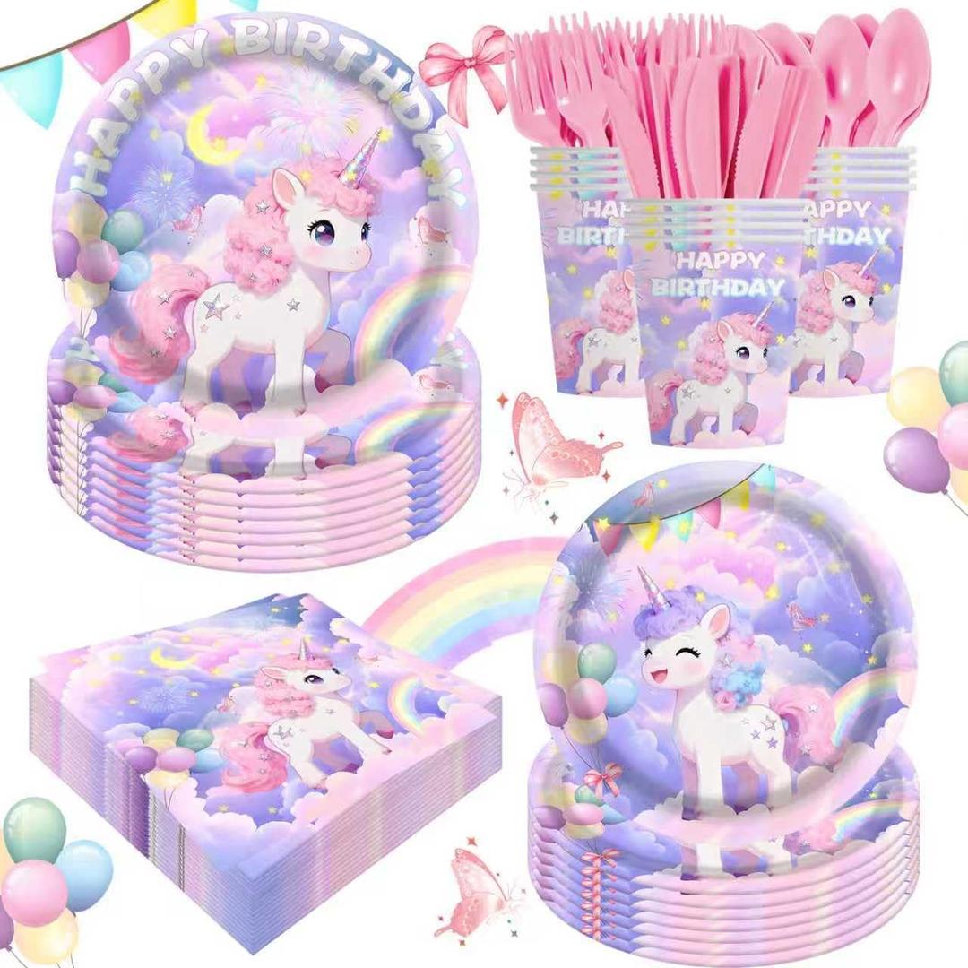 140PCS Magical Paste Theme Birthday Party Plates Napkins Forks Supplies Tableware Set Disposable Decoration for Girl Birthday Party or Baby Shower, Serves 20 Guests