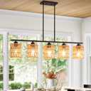 Boho Kitchen Island Light Fixture,39.4" Linear Chandelier for Dining Room,5-Light Rustic Pendant Lights Over Table,Handmade Woven Light Fixture,Farmhouse Wicker Chandeliers for Kitchen Islands