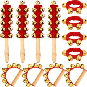 12 PCS Christmas Hand Jingle Bells Wooden Handle Bells Wrist Band Shaking Bell Stick Musical Percussion Instrument Bell for Xmas Holiday Music Birthday Party Favors (Red, Gold)