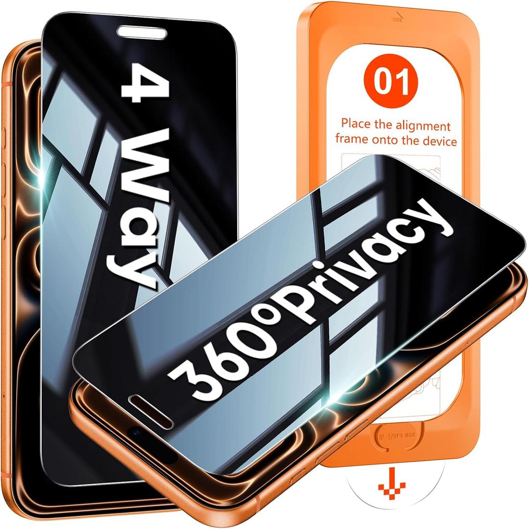 OMOTON 360 Privacy Screen Protector for iPhone 17 Pro Max [4 Way Anti-Spy], TOP Tempered Glass with 9H+ Hardness & 12FT Military Grade Shatterproof, Total Privacy Shield, Full Coverage Protection, 2 Pack