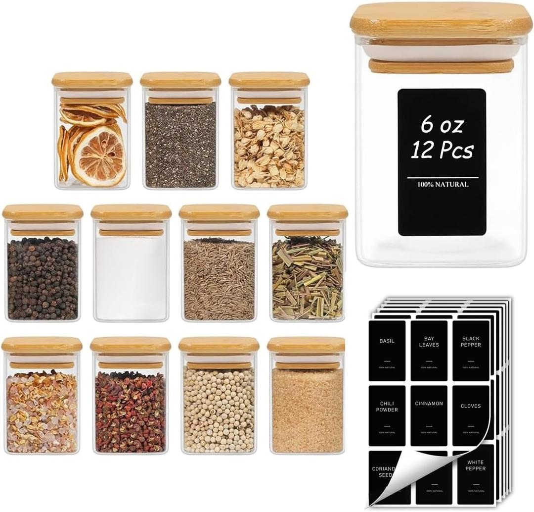 ComSaf Spice Jars with Labels 6 oz 12Pack, Small Spice Containers Starter Set, Glass Seasoning Jars with Lids, Square Seasoning Containers for Salt, Pepper, Chili Powder, Sugar, Ginger Ground, Cumin
