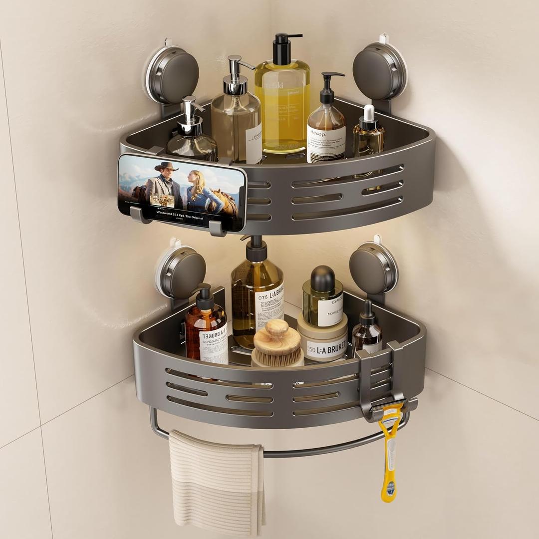 Corner Shower Caddy Suction Cup Shower Shelf Corner No Drilling Bathroom Shower Organizer Storage Rack Adhesive with Towel Bar Hooks (2-Pack,Gray)