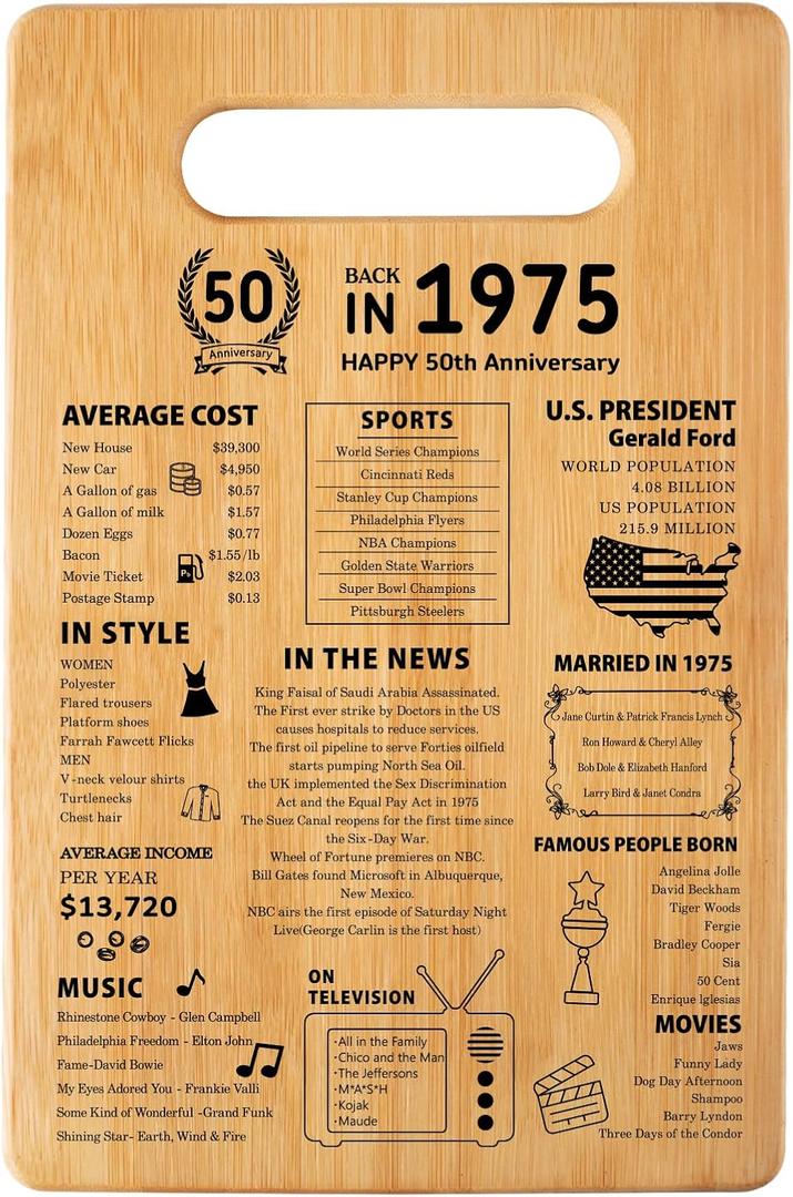 50th Wedding Anniversary Cutting Board Gifts for Women Men Marriage Gifts for Couple 1975 Poster Back In 1975 50th Anniversary Decorations 100% Organic Bamboo Pre Oiled 11"L x 7"W x 0.5"Th